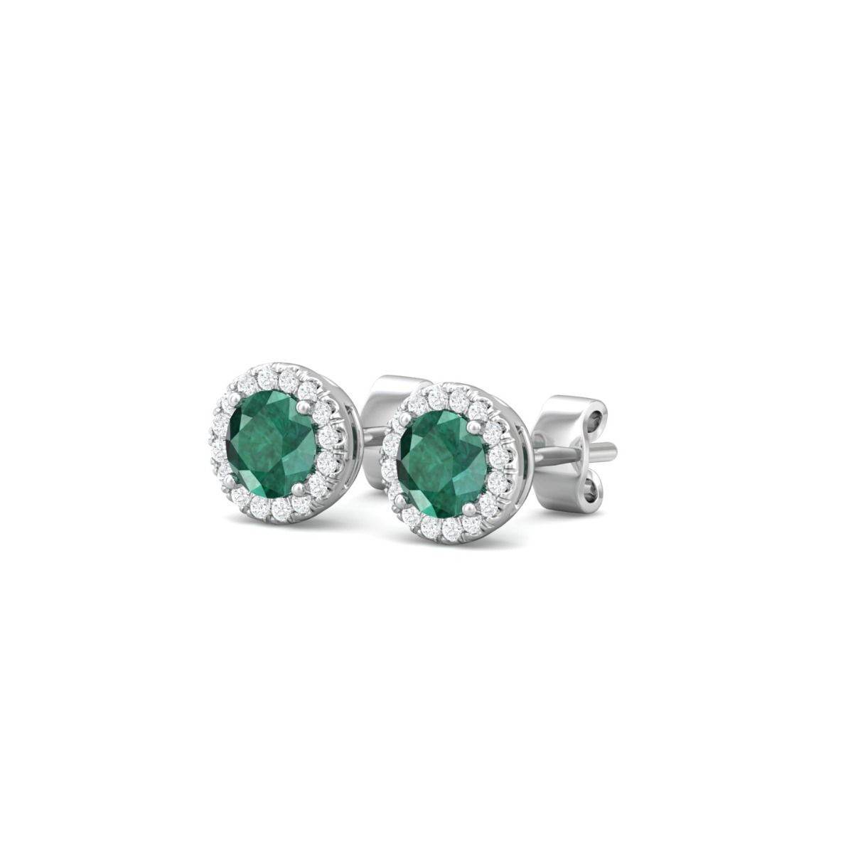 Emerald Halo Stud Diamond Earring Round Cut Centre 4 Claw Setting In 18K White Gold - DG & Co. Jewellery