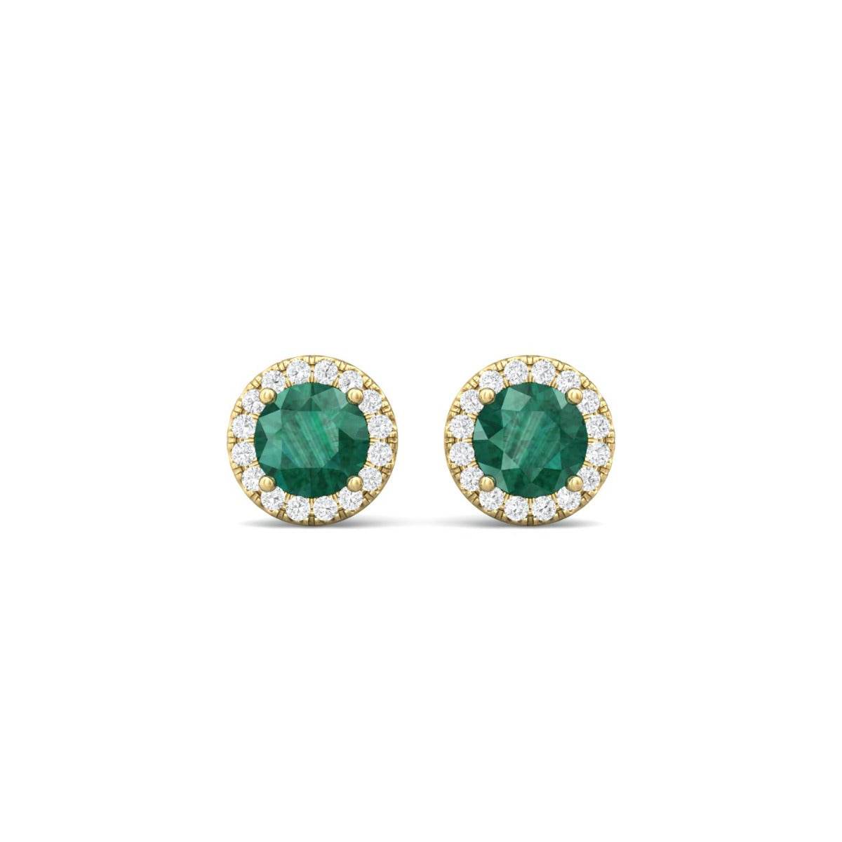 Emerald Stud Halo Diamond Earring Pave Setting In 18K Yellow Gold - DG & Co. Jewellery