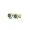 Emerald Stud Halo Diamond Earring Pave Setting In 18K Yellow Gold - DG & Co. Jewellery