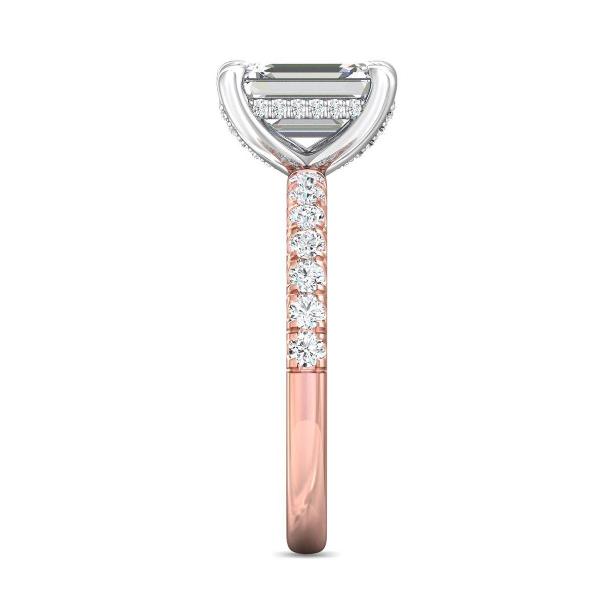 Ladies Two-Tone Hidden Halo Emerald Cut Diamond Engagement Ring Pave Setting Side Stones - 18K Rose - DG & Co. Jewellery