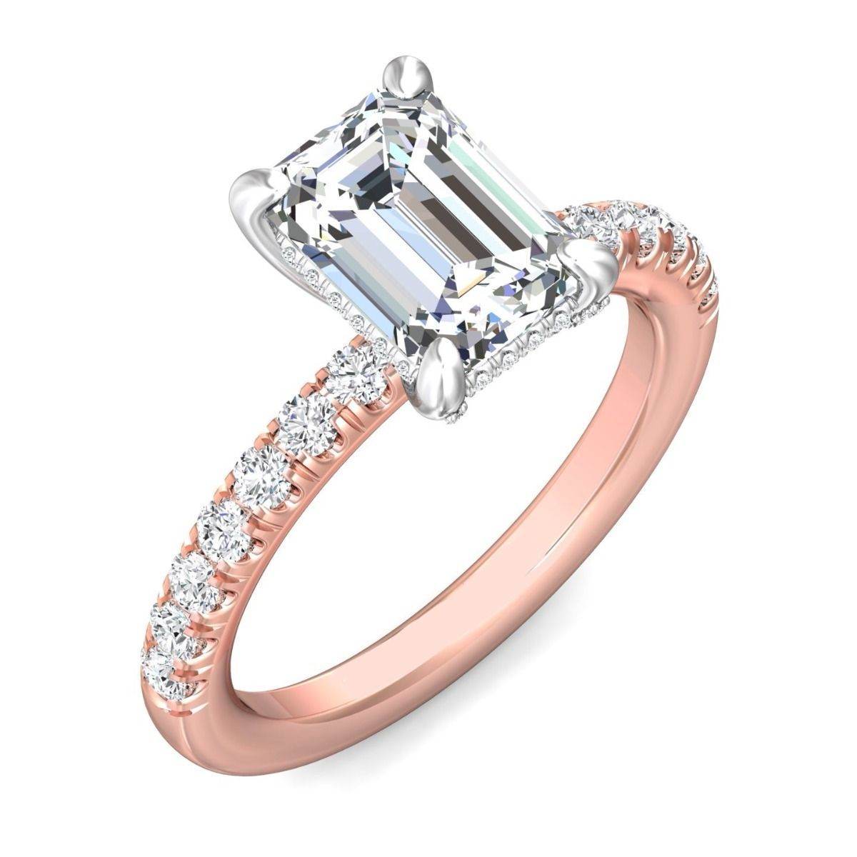 Ladies Two-Tone Hidden Halo Emerald Cut Diamond Engagement Ring Pave Setting Side Stones - 18K Rose - DG & Co. Jewellery