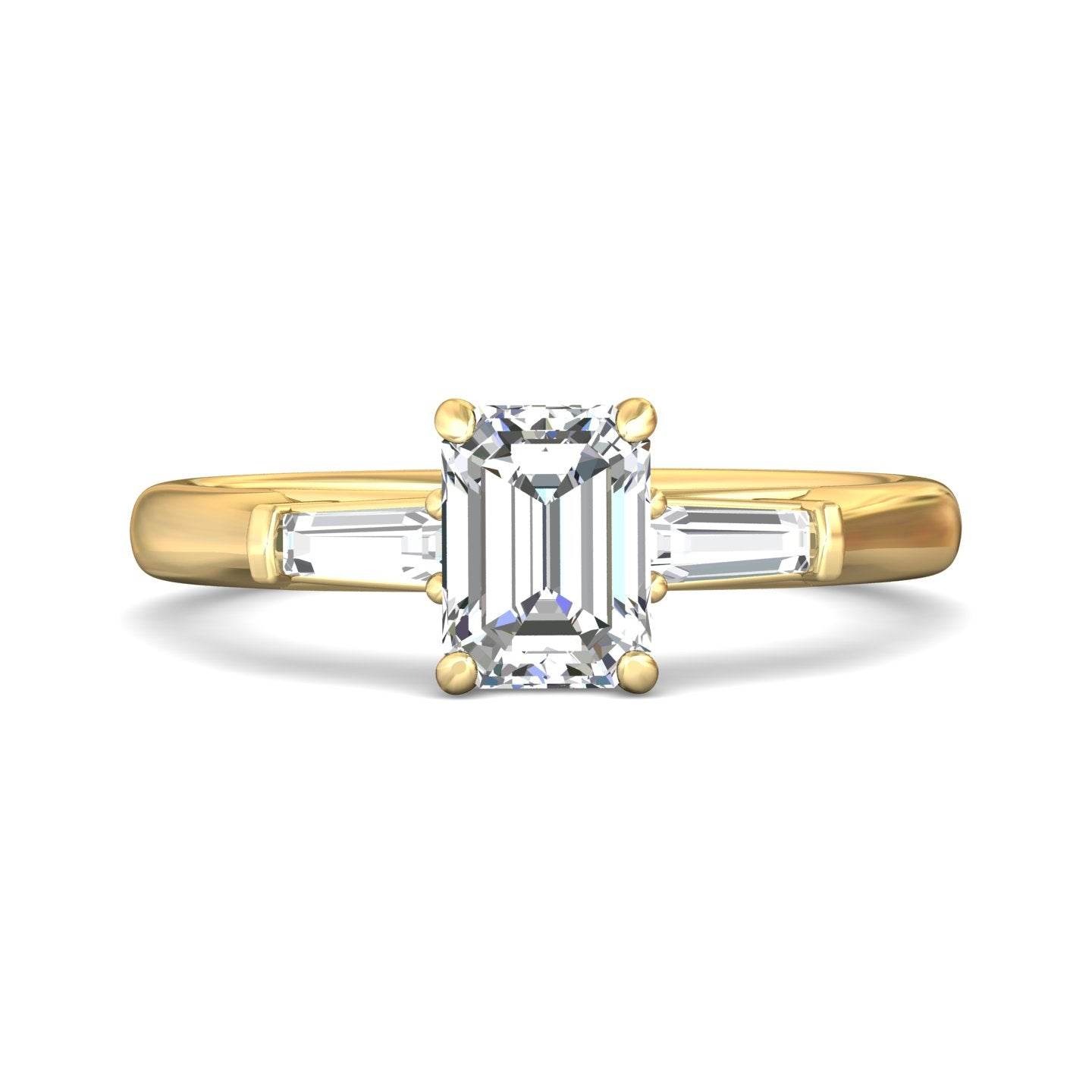 Emerald Cut 3 Stones Diamond Engagement Ring Tapered Baguette Side Stones - 18K Yellow - DG & Co. Jewellery