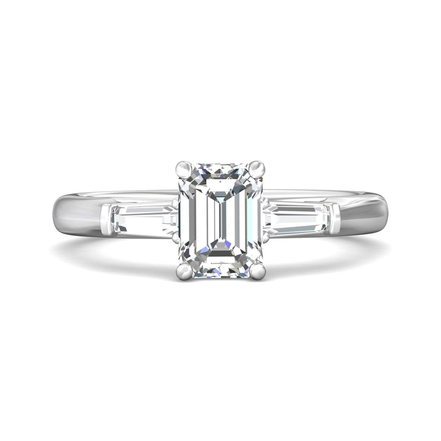 Emerald Cut 3 Stones Diamond Engagement Ring Tapered Baguette Side Stones - 18K White - DG & Co. Jewellery