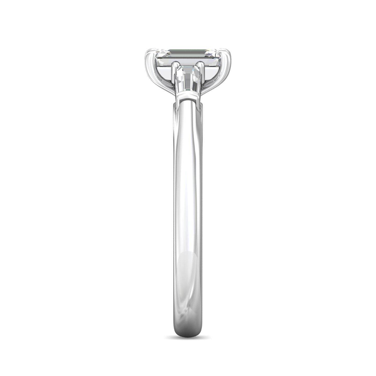Emerald Cut 3 Stones Diamond Engagement Ring Tapered Baguette Side Stones - 18K White - DG & Co. Jewellery