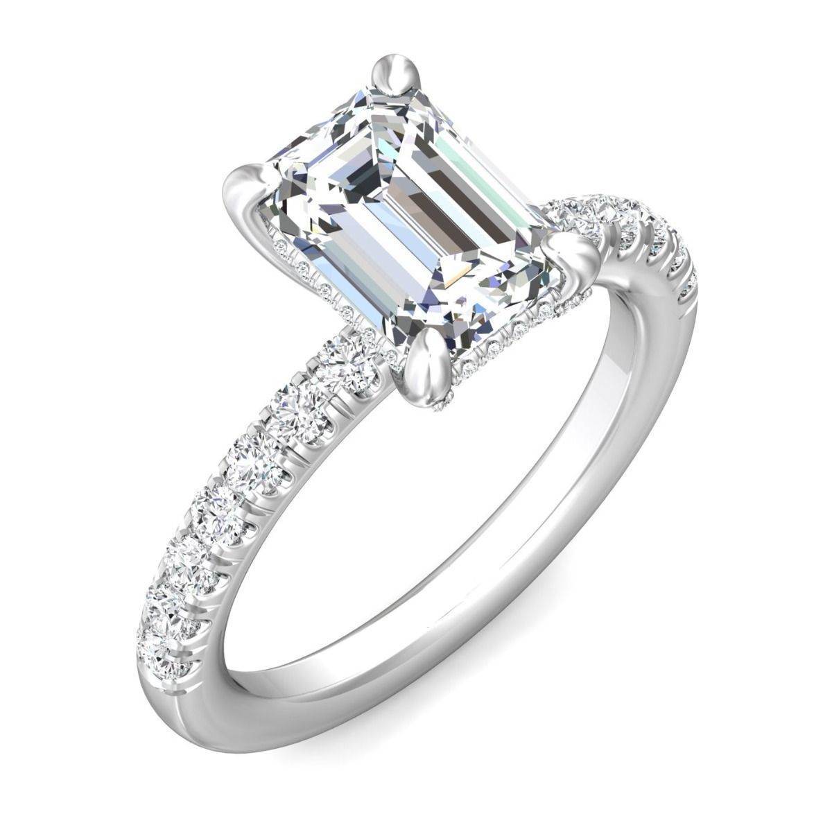 Emerald Cut Hidden Halo Diamond Engagement Ring Four Claw Setting Centre Stone Pave Setting Side Stone - Platinum - DG & Co. Jewellery