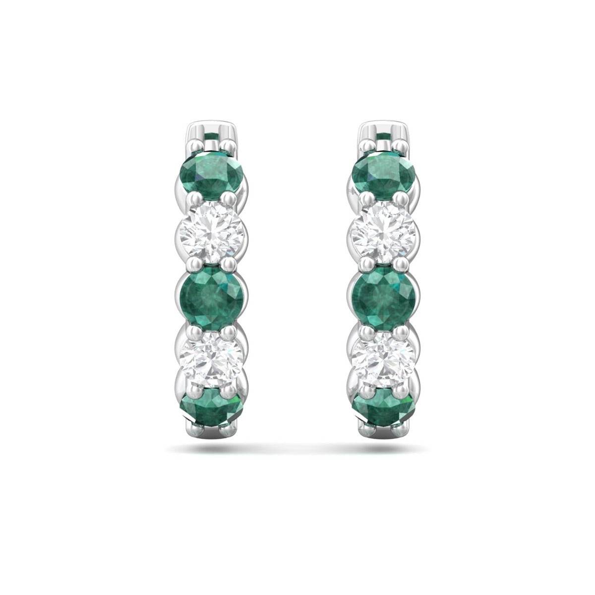 18K White Gold Alternating Emerald Diamond Hoop Earrings Share Claw Setting - DG & Co. Jewellery