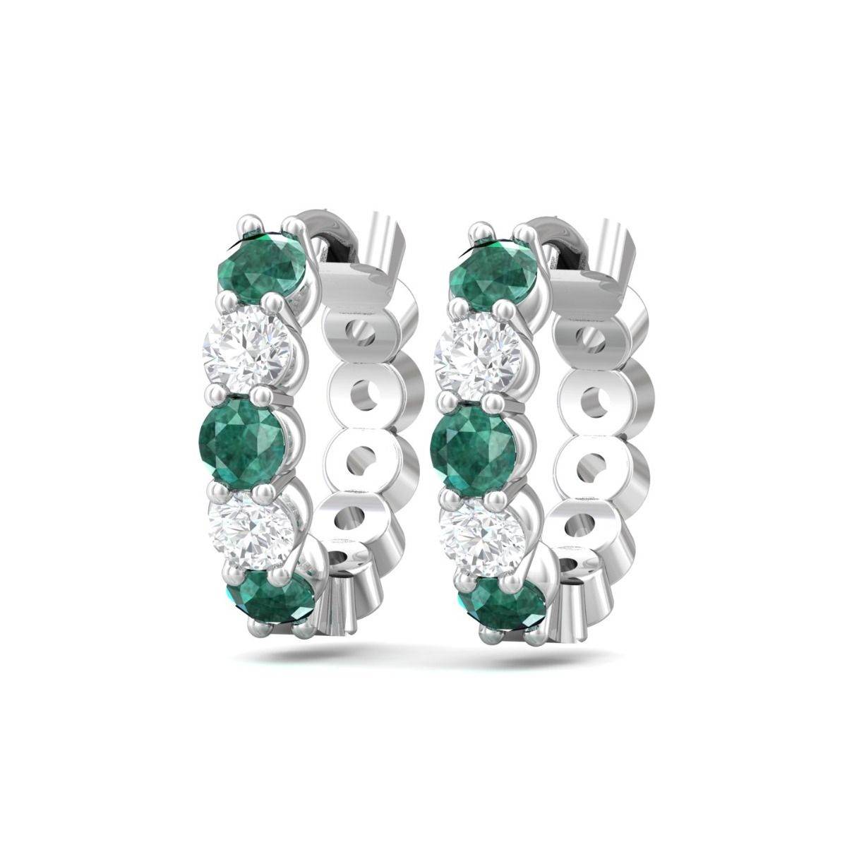 18K White Gold Alternating Emerald Diamond Hoop Earrings Share Claw Setting - DG & Co. Jewellery