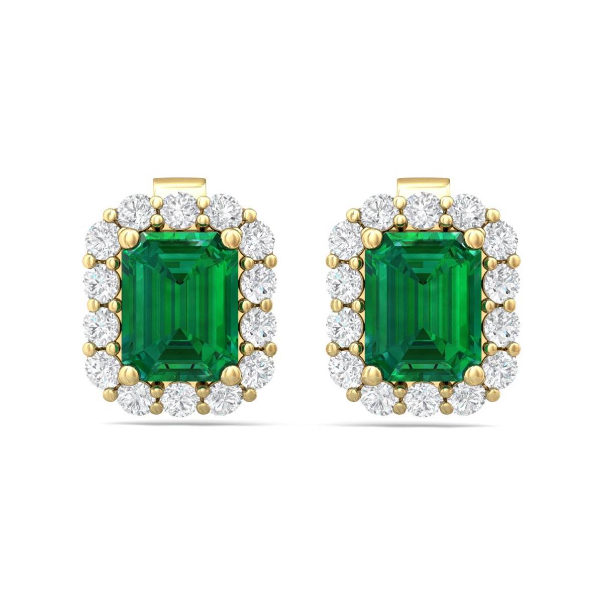 Emerald Halo Diamond Stud Earring 4 Claw setting Pave Setting Side Stone In 18K Yellow Gold - DG & Co. Jewellery