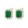 Emerald Halo Diamond Stud Earring 4 Claw setting Pave Setting Side Stone In 18K Yellow Gold - DG & Co. Jewellery