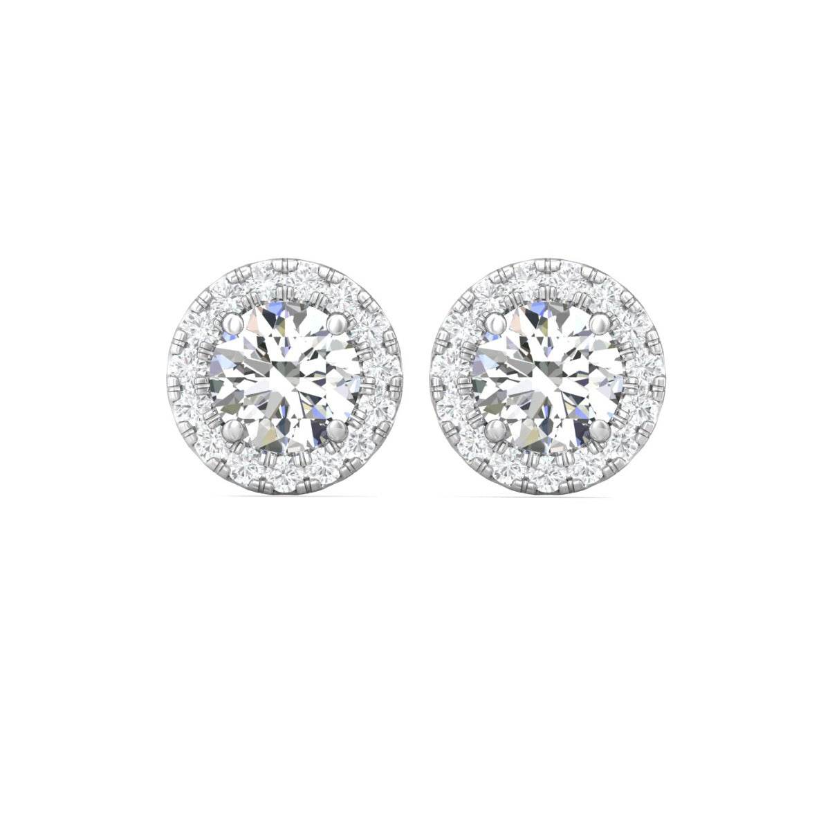Halo Diamond Stud Earrings 4 Prong Centre Stone Pave Setting Side Stone In 18K White Gold - DG & Co. Jewellery