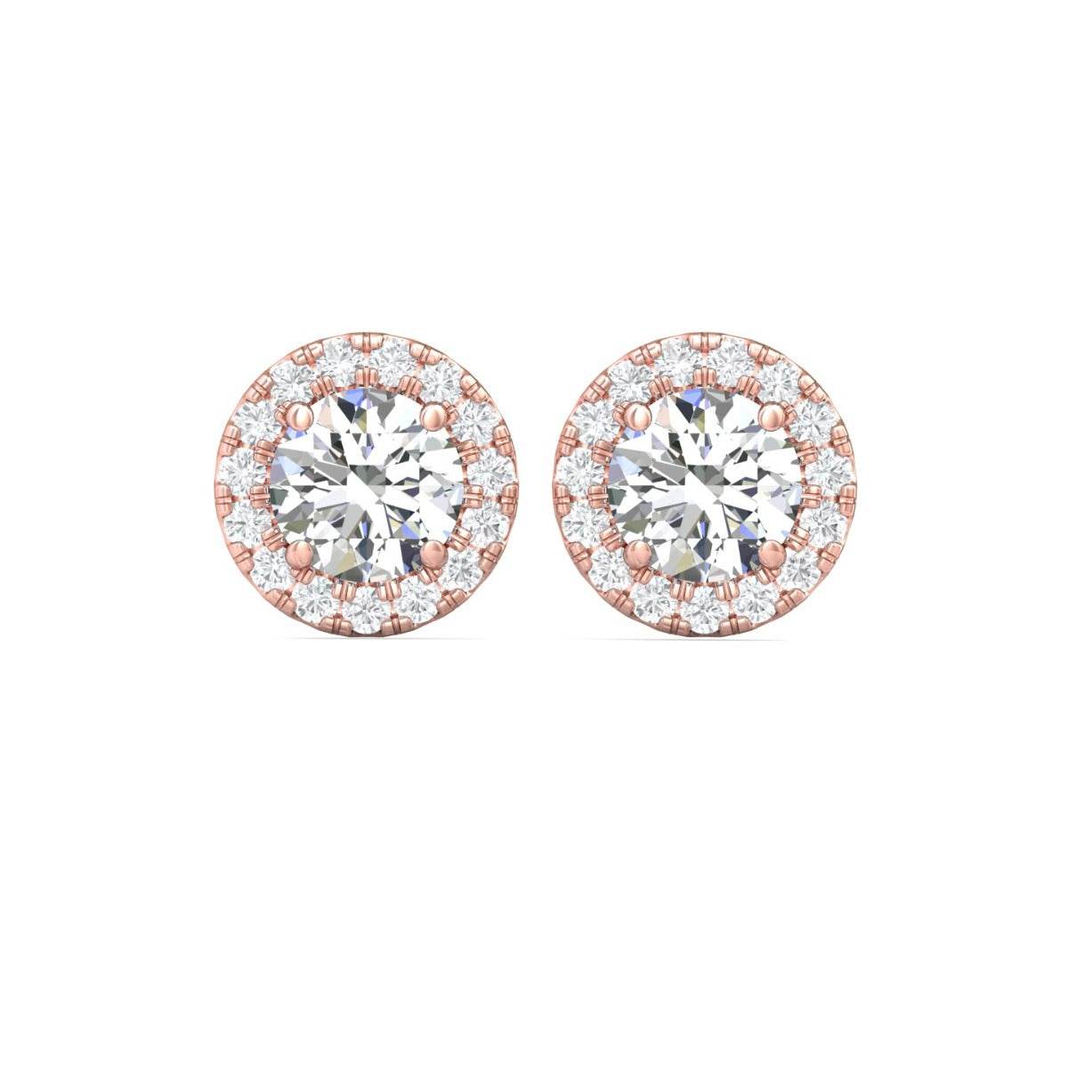 2.00CT Round Brilliant Cut Centre Stones Halo Diamond Earrings Pave Setting Side Stones In 18K Rose Gold - DG & Co. Jewellery