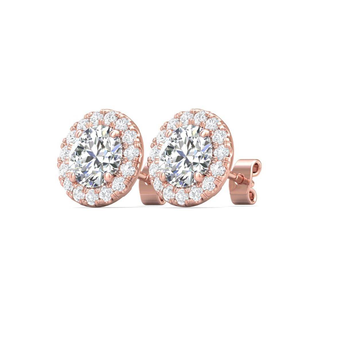 2.00CT Round Brilliant Cut Centre Stones Halo Diamond Earrings Pave Setting Side Stones In 18K Rose Gold - DG & Co. Jewellery