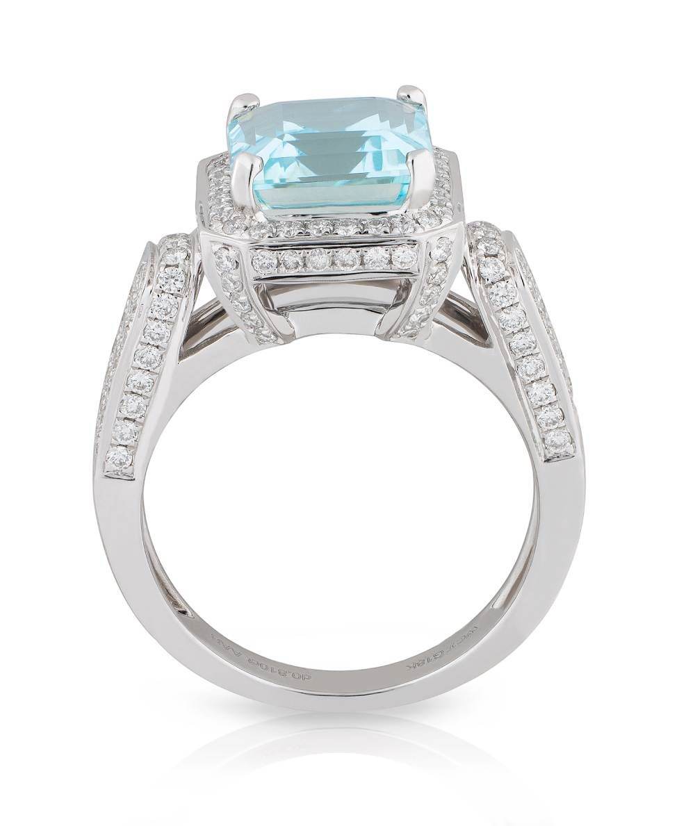 4.00CT Emerald Cut Aquamarine Halo Diamond Ring Pave Setting In 18K White Gold - DG & Co. Jewellery