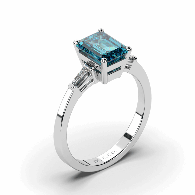 2.00CT Emerald Cut Teal Sapphire Ring Set with Tapered Diamond Band in 18K White Gold - DG & Co. Jewellery