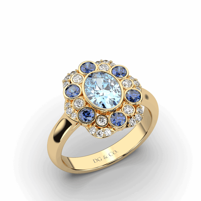 Cocktail Ring Aquamarine And Sapphire Diamond Ring Bezel Set In a 18K Yellow Gold With A plain Band - DG & Co. Jewellery