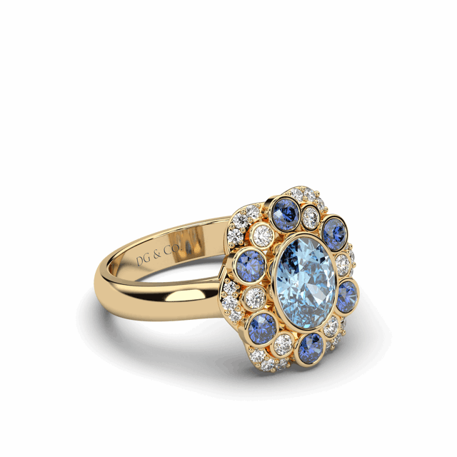 Cocktail Ring Aquamarine And Sapphire Diamond Ring Bezel Set In a 18K Yellow Gold With A plain Band - DG & Co. Jewellery