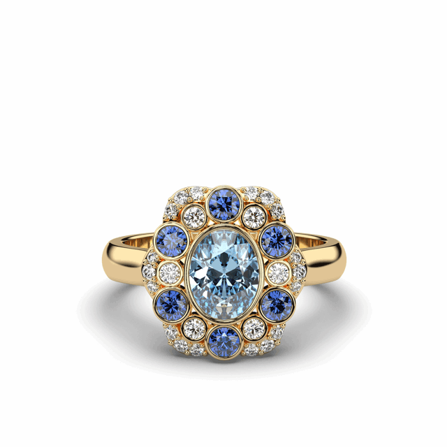 Cocktail Ring Aquamarine And Sapphire Diamond Ring Bezel Set In a 18K Yellow Gold With A plain Band - DG & Co. Jewellery