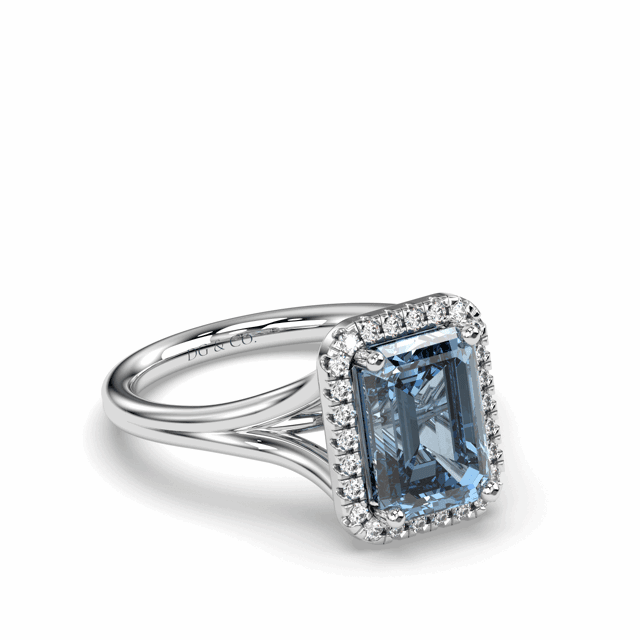 Santa Maria Aquamarine Halo Diamond Ring Emerald Cut 4 Claw Centre Stone Pave Setting Side Stone in 18K White Gold - DG & Co. Jewellery