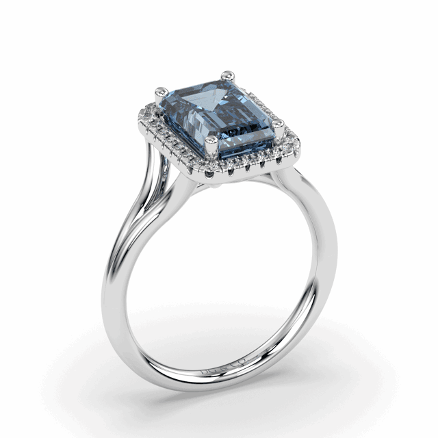 Santa Maria Aquamarine Halo Diamond Ring Emerald Cut 4 Claw Centre Stone Pave Setting Side Stone in 18K White Gold - DG & Co. Jewellery