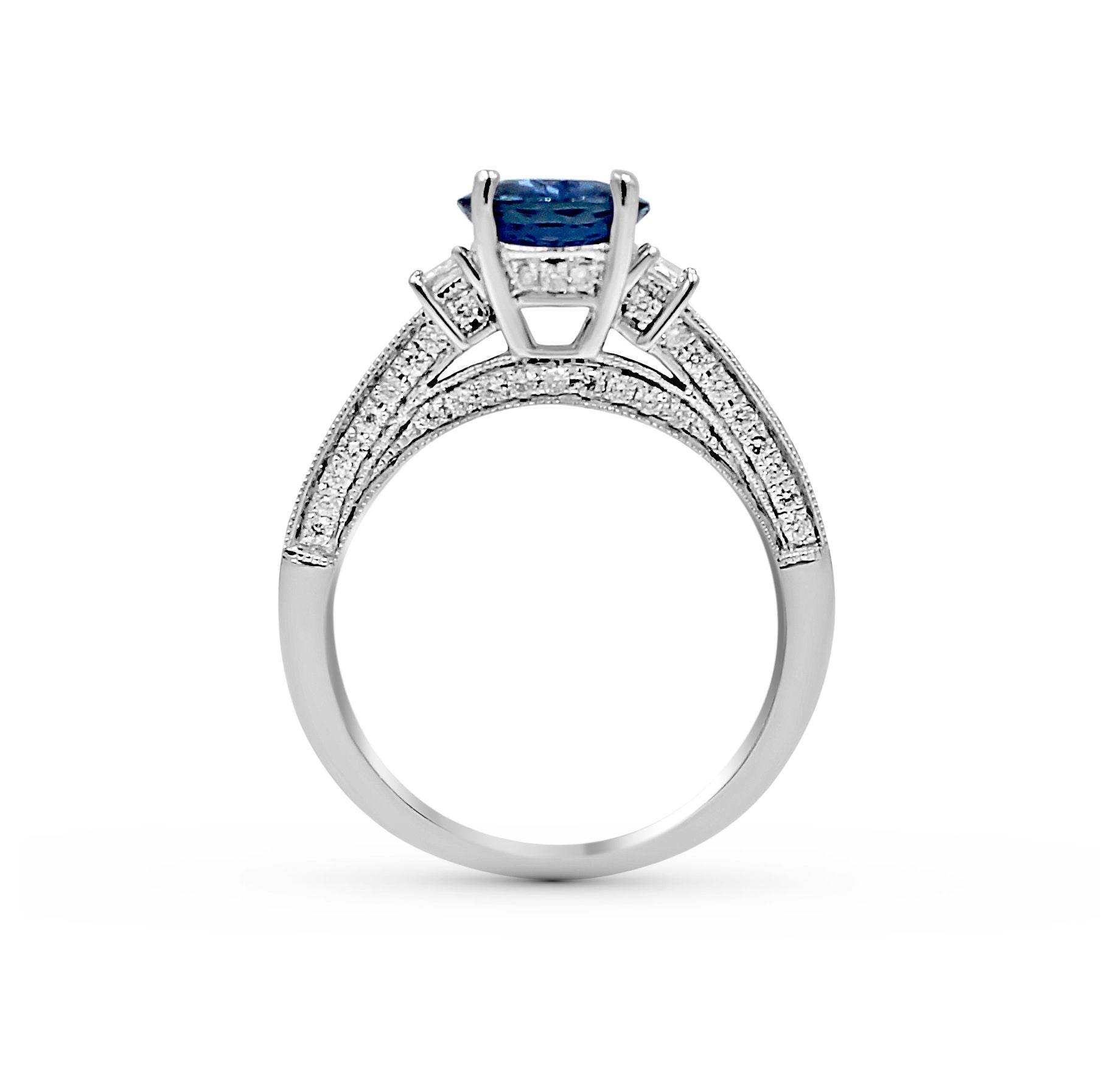 Vintage Trilogy (3 Stones) Natural Blue Sapphire Diamond Ring Milgrain Setting Side Stones In 18K White Gold - DG & Co. Jewellery