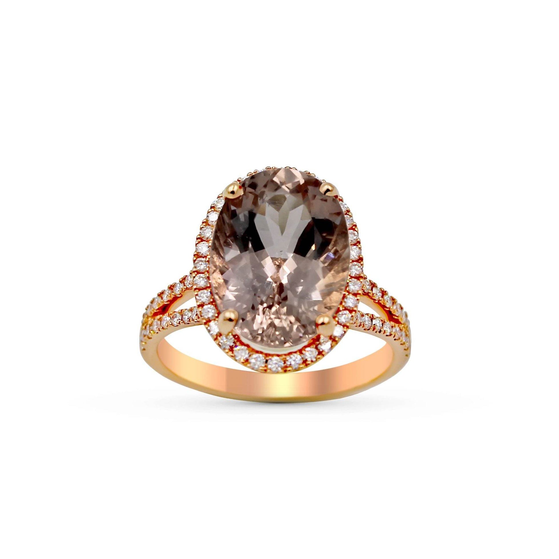 Morganite Oval Cut Split Band Halo Diamond Engagement Ring In 18K Rose Gold - DG & Co. Jewellery