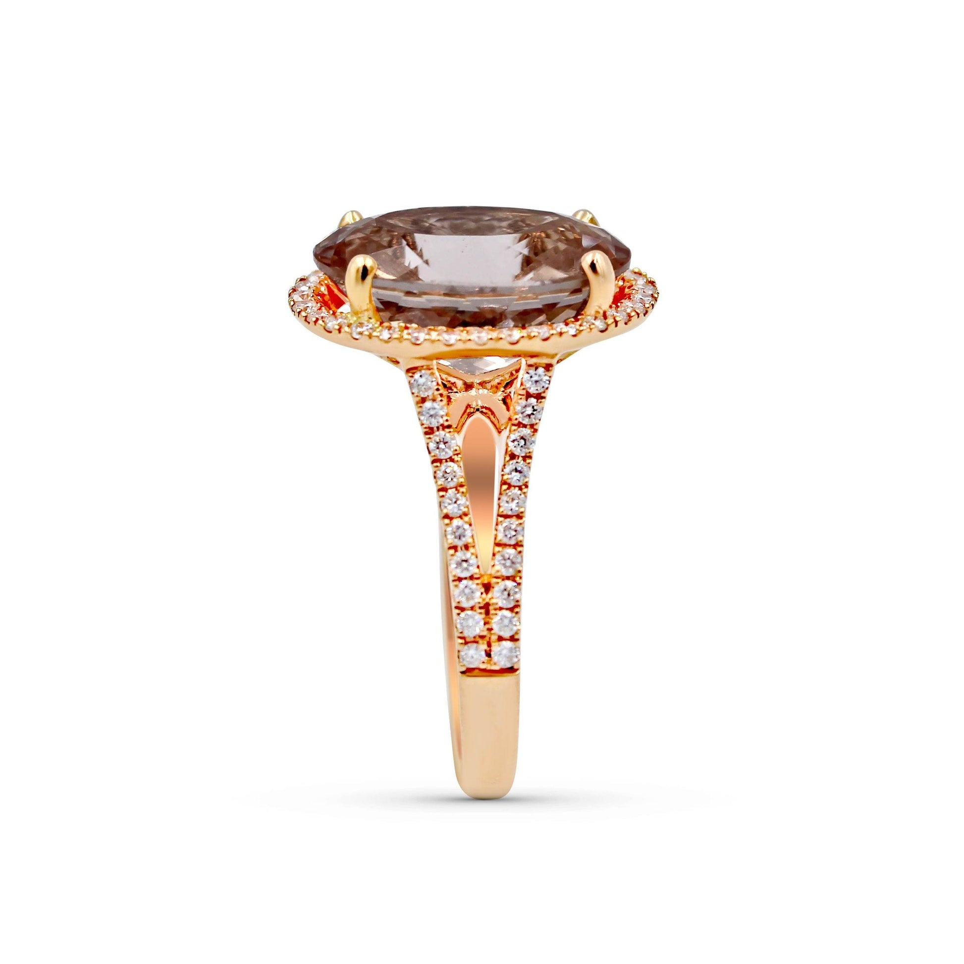 Morganite Oval Cut Split Band Halo Diamond Engagement Ring In 18K Rose Gold - DG & Co. Jewellery