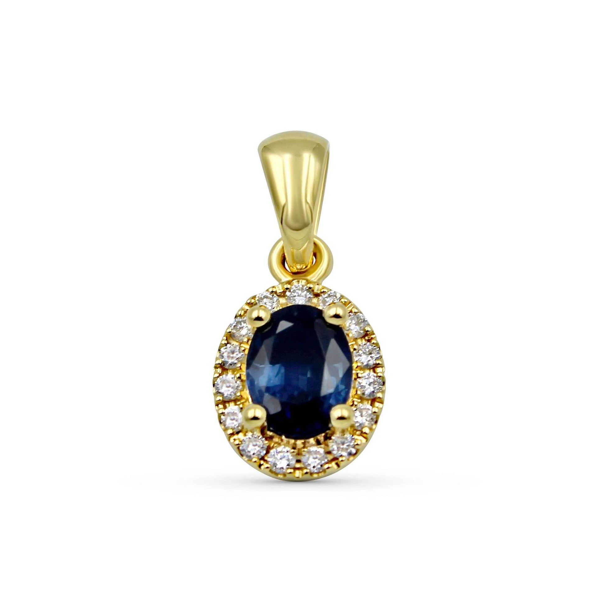 1.00CT Oval Cut Blue Sapphire Halo Diamond Pendant Pave Setting In 18K Yellow Gold - DG & Co. Jewellery