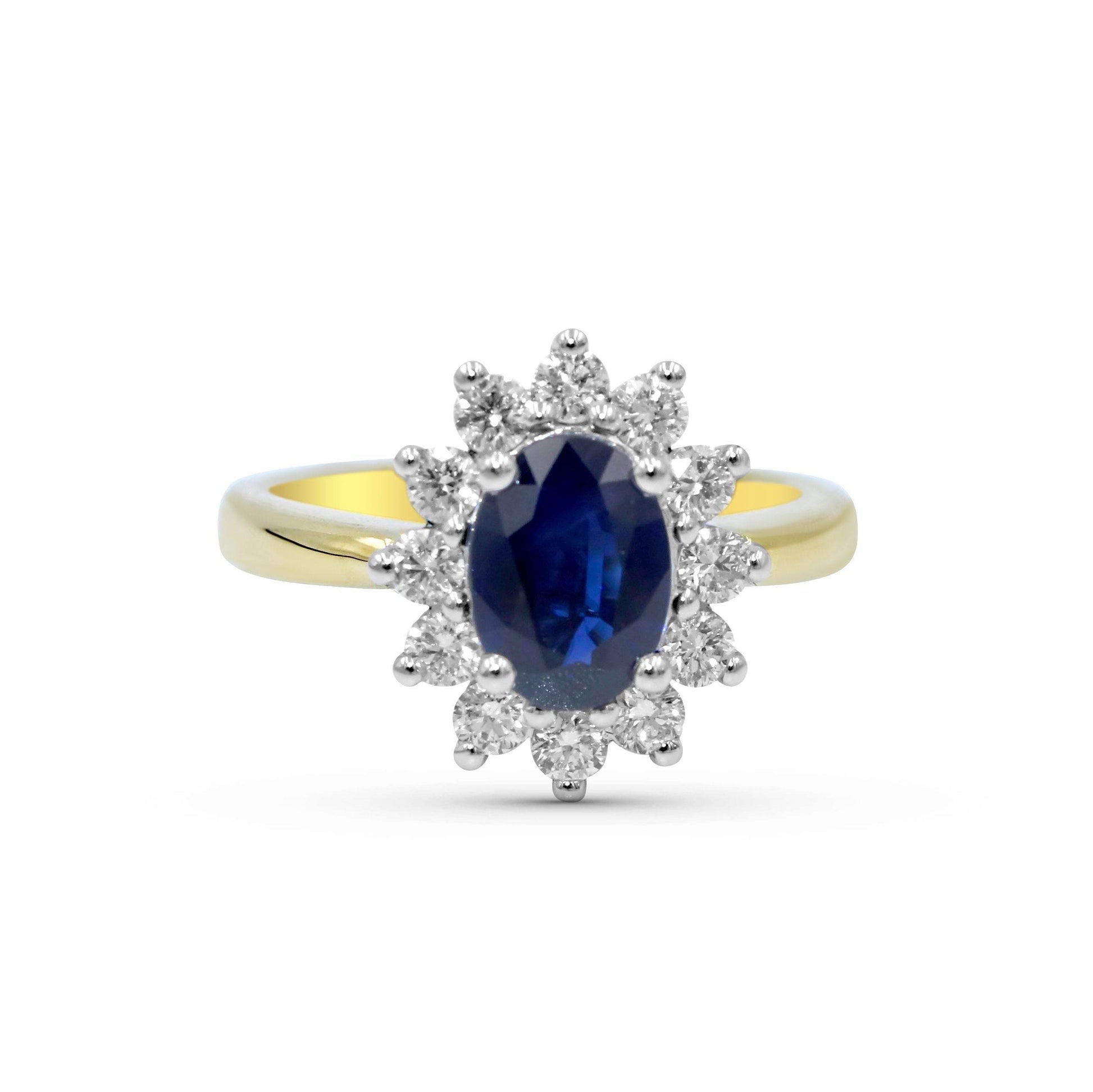 Halo Oval Cut 4 Claw Blue Sapphire Diamond Engagement Ring In 18 Karat White And Yellow Gold - DG & Co. Jewellery