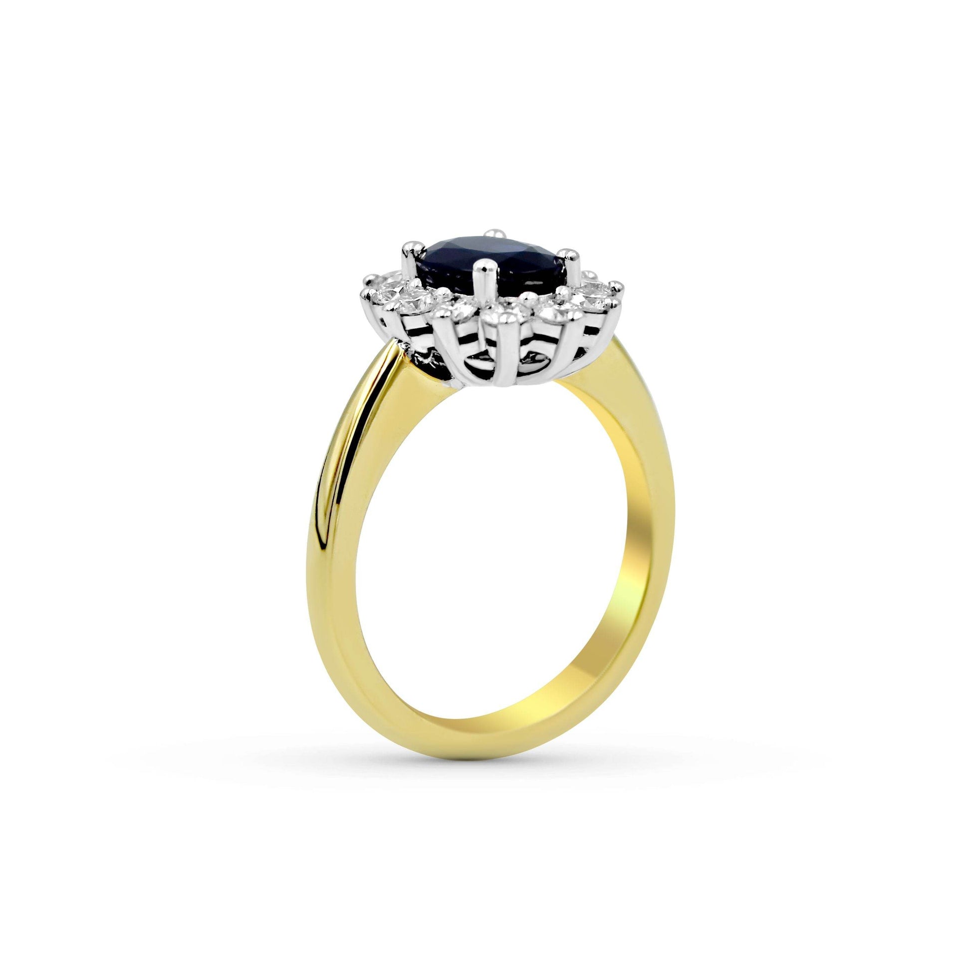 Halo Oval Cut 4 Claw Blue Sapphire Diamond Engagement Ring In 18 Karat White And Yellow Gold - DG & Co. Jewellery
