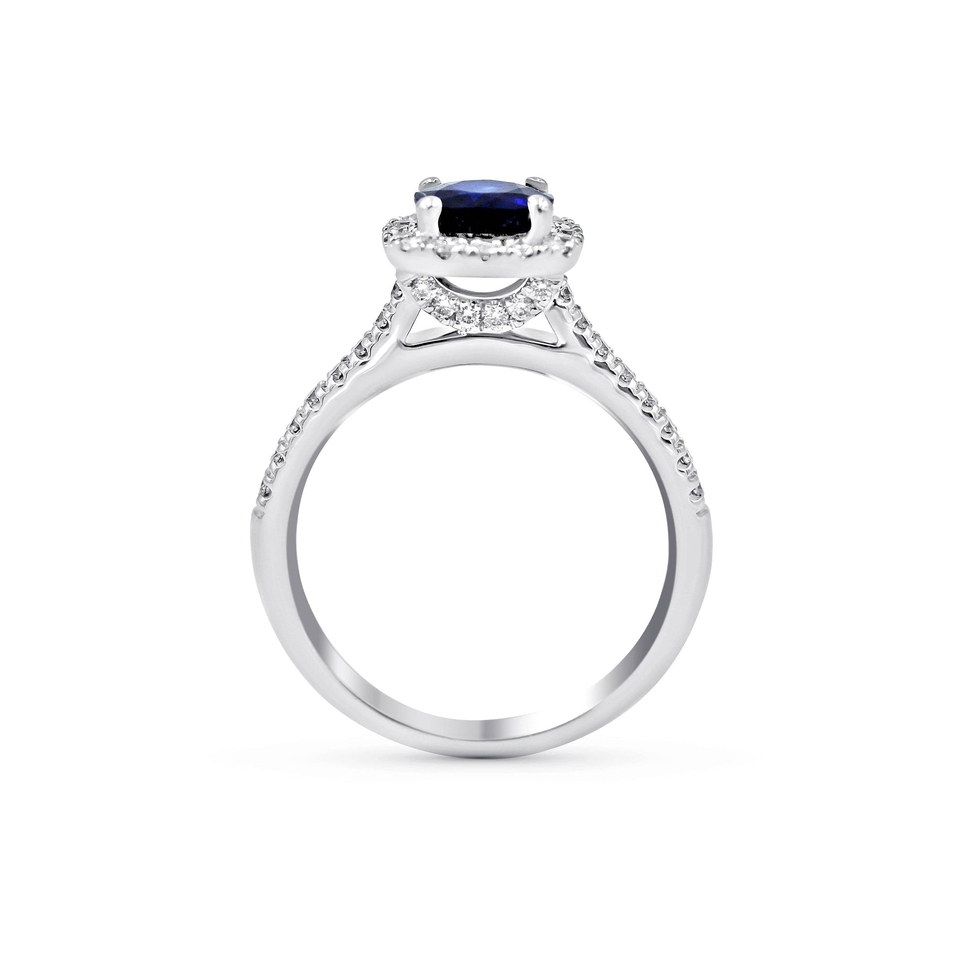 Halo Cushion Cut Blue Sapphire Diamond Engagement Ring In 18 Karat White Gold - DG & Co. Jewellery