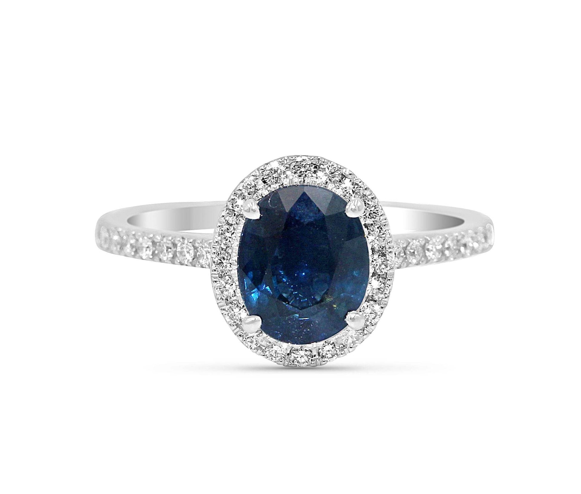 Natural Dark Blue Sapphire Diamond Ring Oval Cut Hidden Halo Set In 18K White Gold - DG & Co. Jewellery