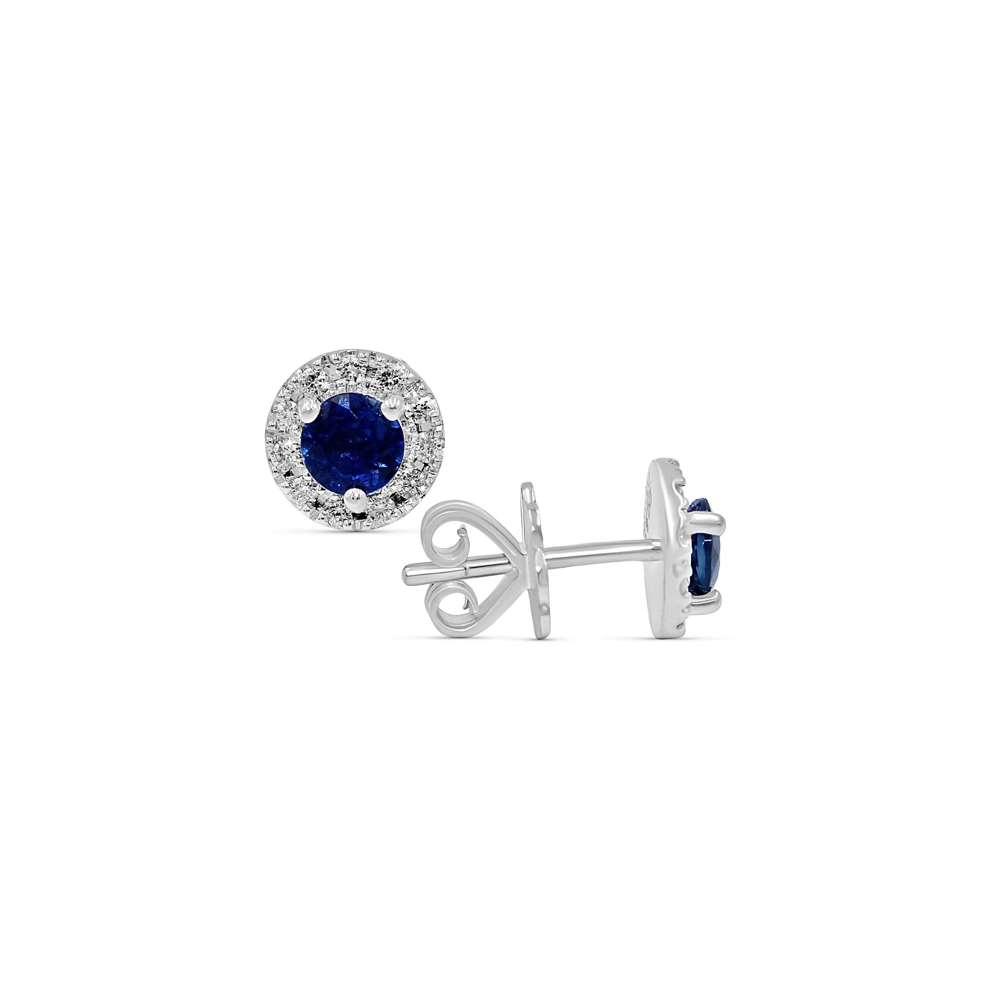 Blue Sapphire Diamond Halo Stud Earring 3 Claw Setting In 18K White Gold - DG & Co. Jewellery