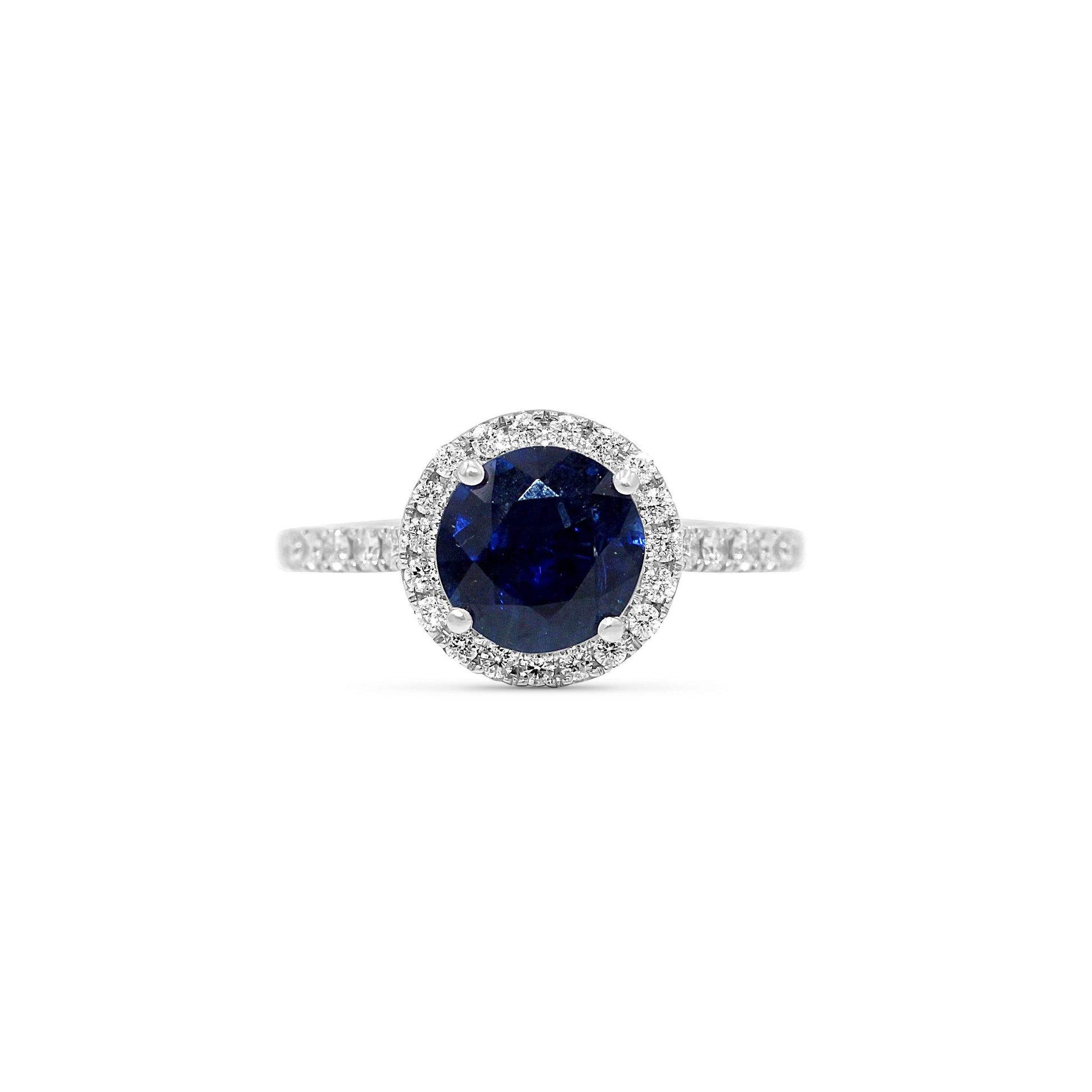 Natural Blue Sapphire Round Cut Halo Diamond Pave Setting Ring In 18K White Gold - DG & Co. Jewellery