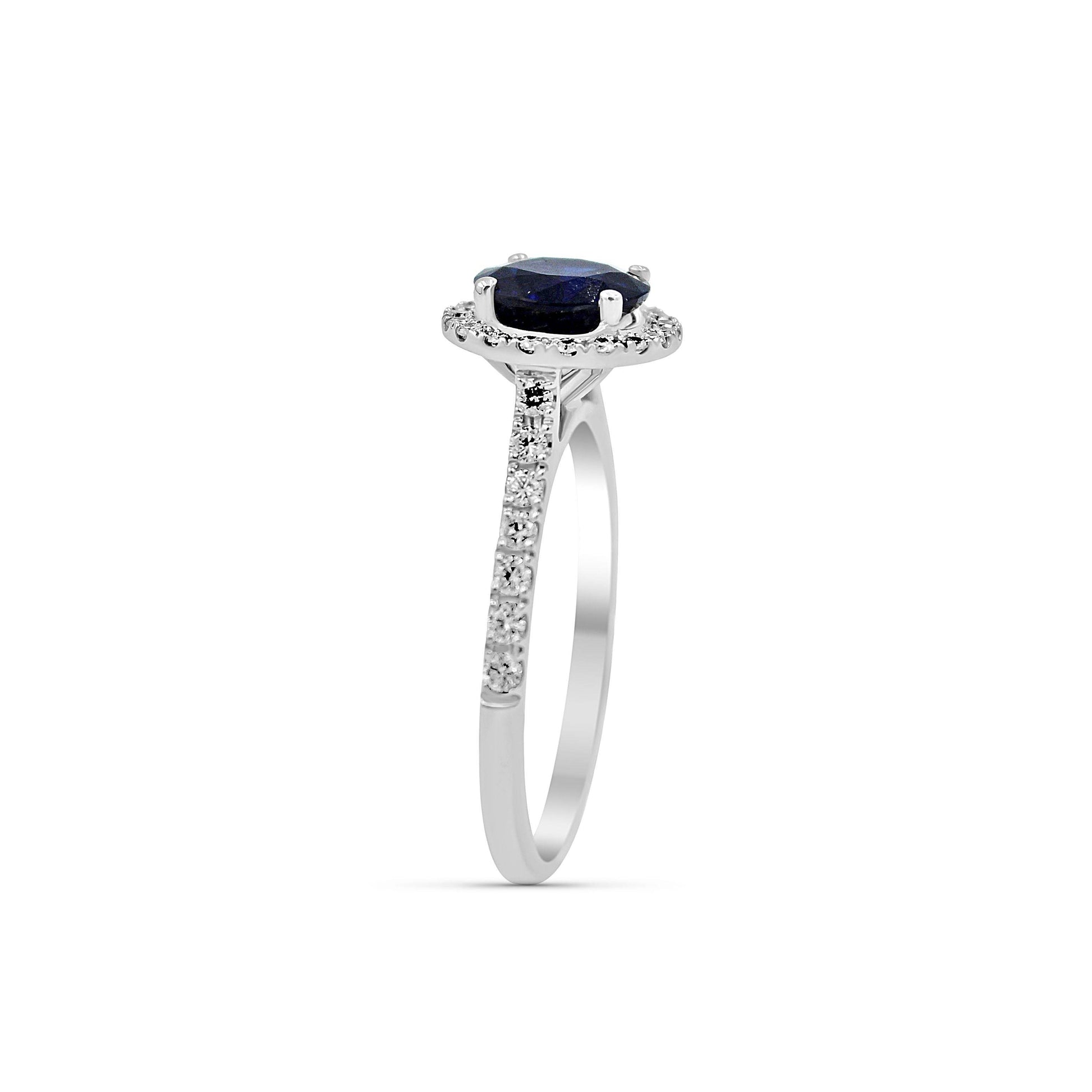 Natural Dark Blue Sapphire Diamond Ring Oval Cut Hidden Halo Set In 18K White Gold - DG & Co. Jewellery