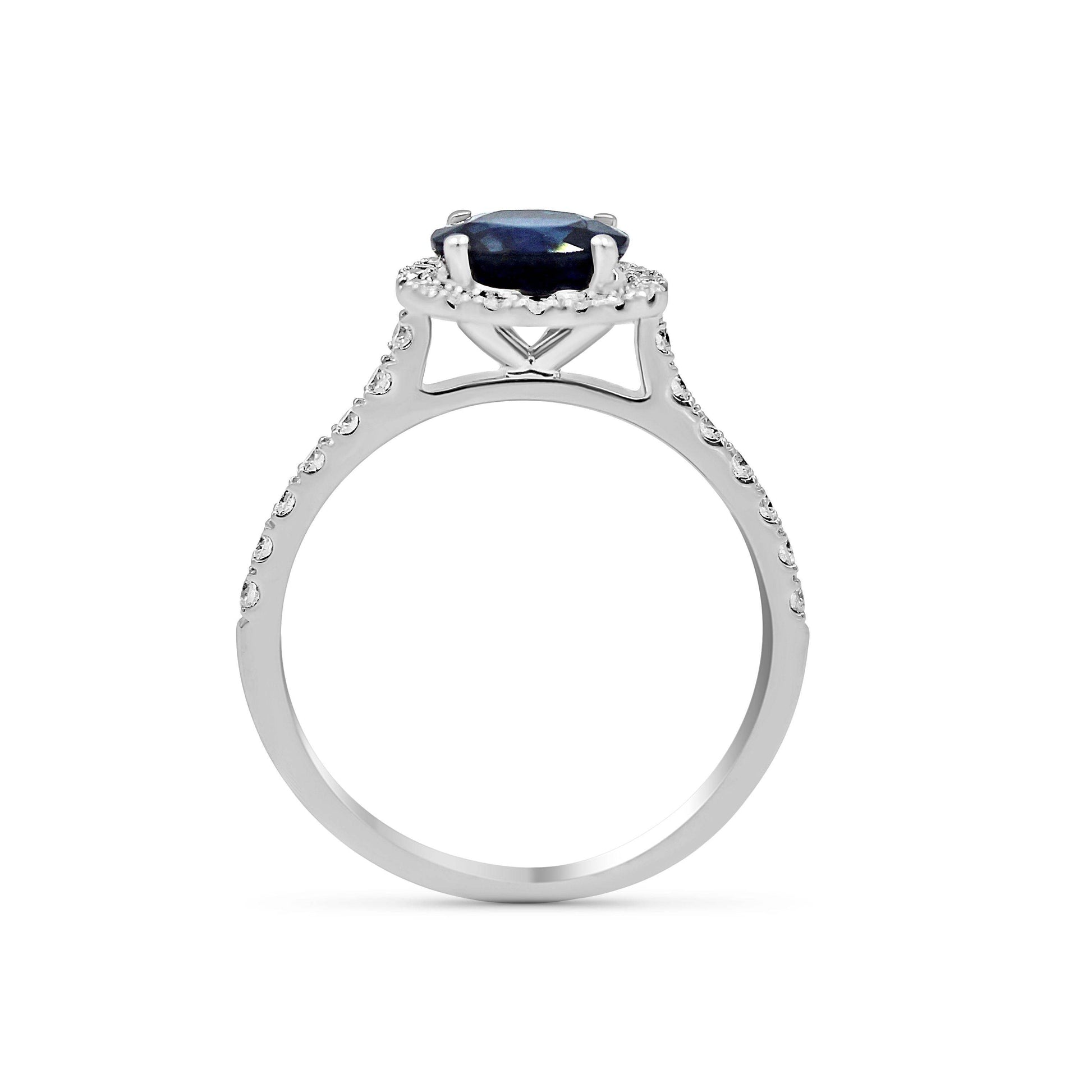 Natural Blue Sapphire Round Cut Halo Diamond Pave Setting Ring In 18K White Gold - DG & Co. Jewellery