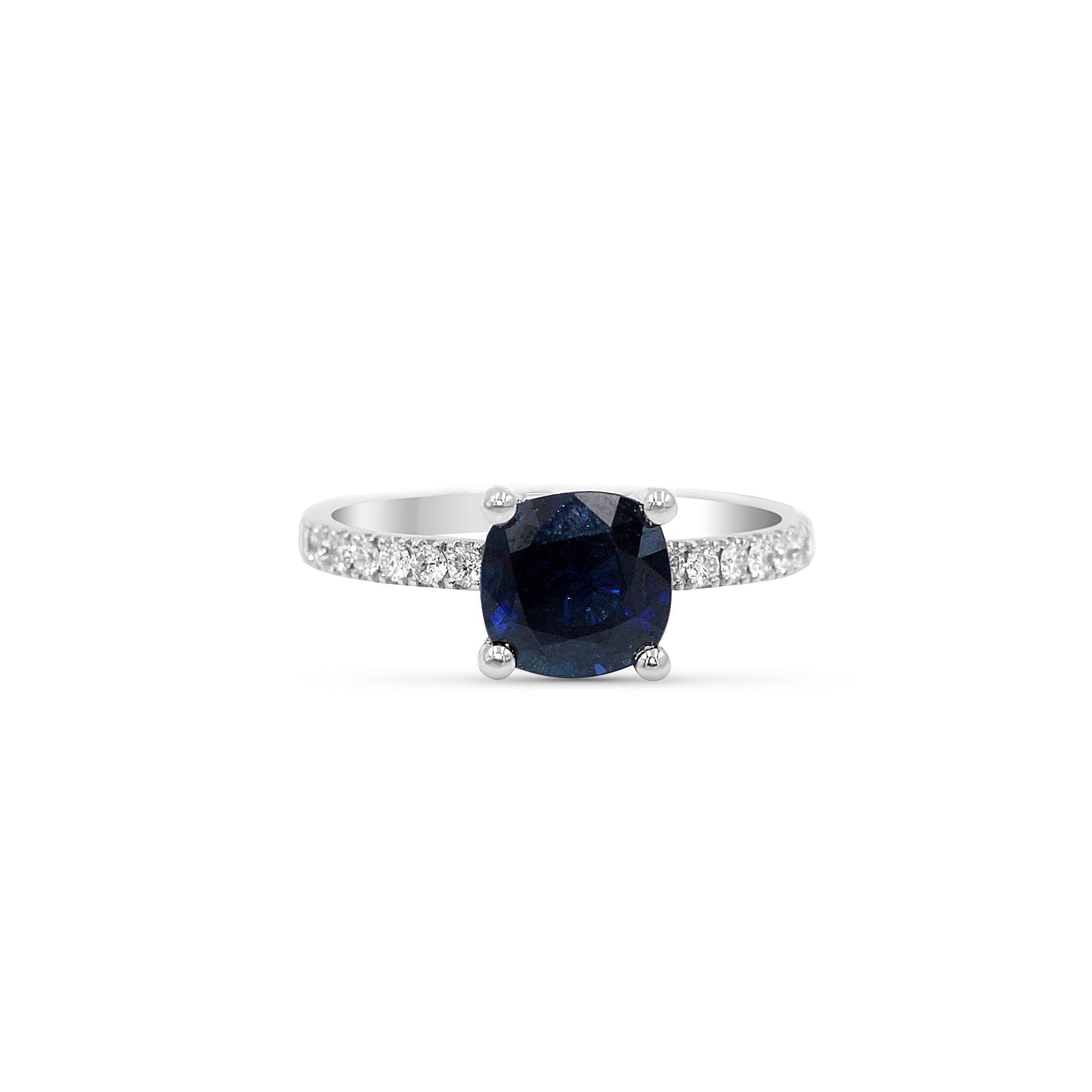 Natural Dark Blue Sapphire Diamond Ring Cushion Cut set in 18K White Gold - DG & Co. Jewellery