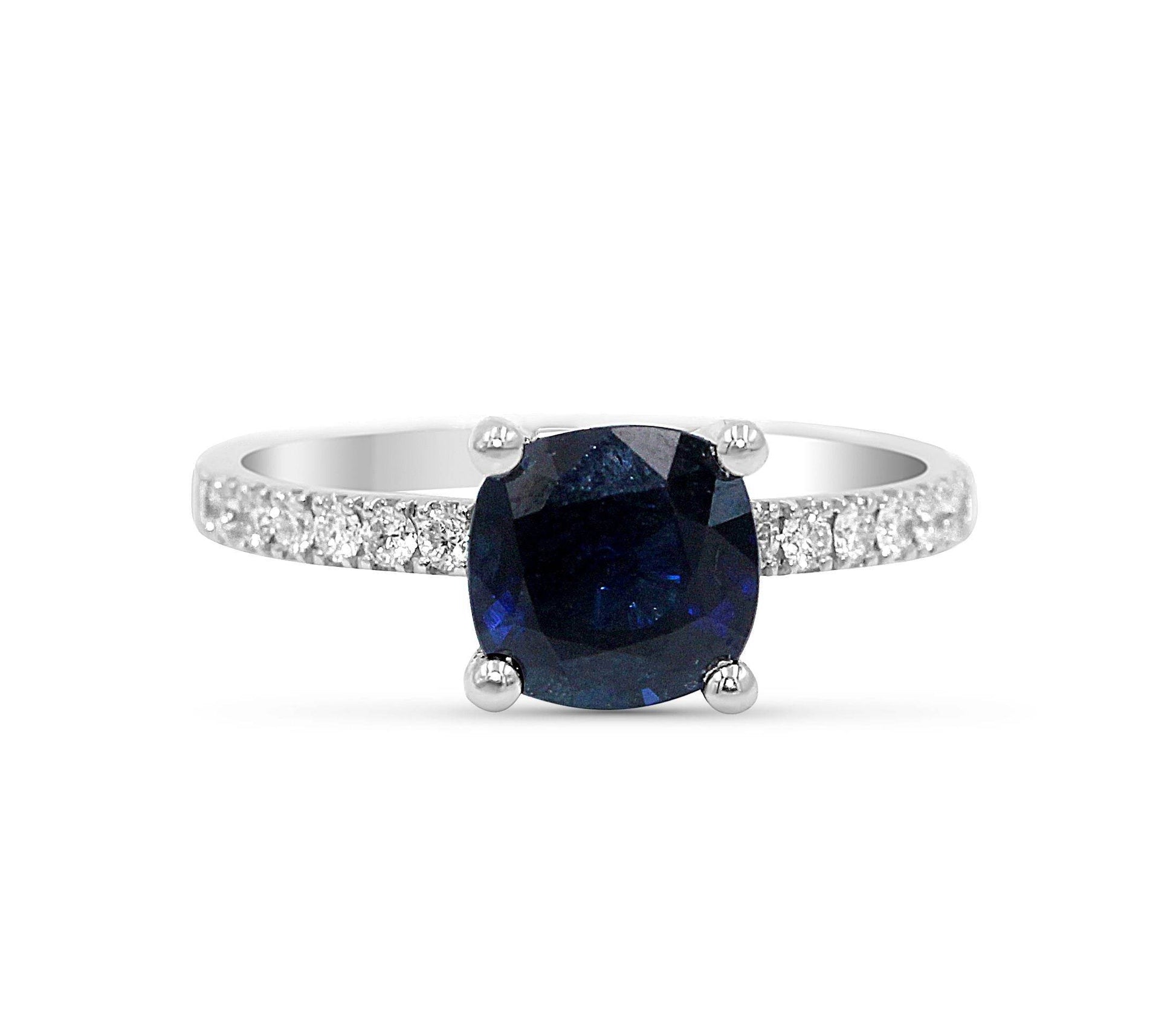Natural Dark Blue Sapphire Diamond Ring Cushion Cut set in 18K White Gold - DG & Co. Jewellery