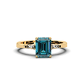 18K Yellow Gold Emerald Cut Teal Sapphire Ring with 2 Tapered-cut baguette Diamond - DG & Co. Jewellery