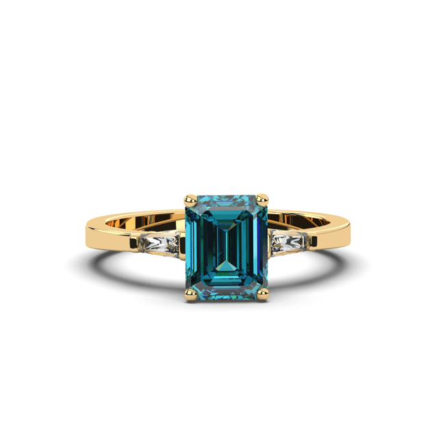 18K Yellow Gold Emerald Cut Teal Sapphire Ring with 2 Tapered-cut baguette Diamond - DG & Co. Jewellery