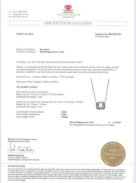 Emerald Cut 4 Claw Setting Natural Aquamarine Diamond Necklace In 18K White Gold - DG & Co. Jewellery