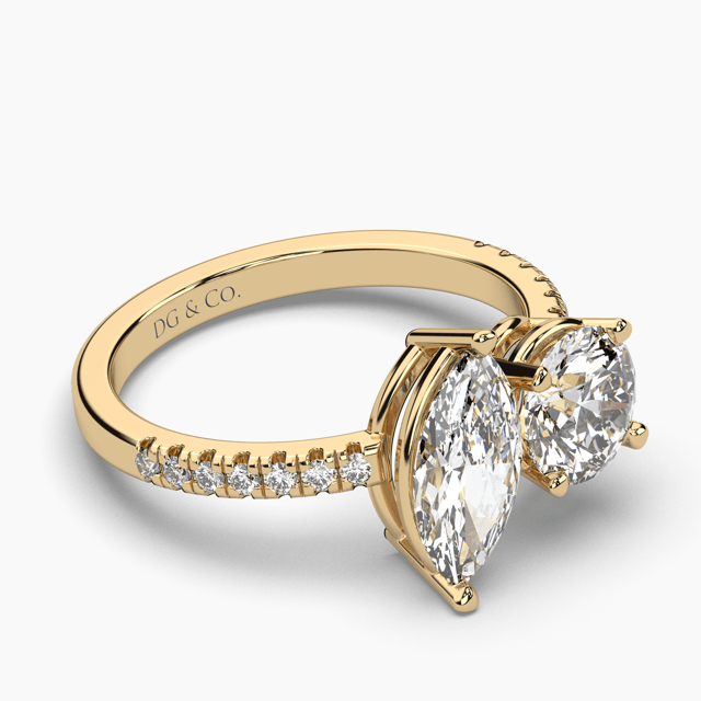 Marquise and Round Toi Et Moi You and Me Diamond Engagement Ring Prong Setting Centre Stones Pave Setting Side Stone In 18K Yellow Gold - DG & Co. Jewellery