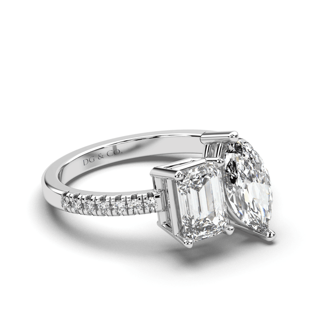 Toi Et Moi Emerald Marquise Prong Setting Diamond Engagement Ring Pave Setting Side Stones in 18K White Gold - DG & Co. Jewellery