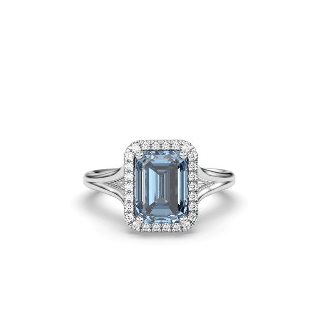 Santa Maria Aquamarine Halo Diamond Ring Emerald Cut 4 Claw Centre Stone Pave Setting Side Stone in 18K White Gold - DG & Co. Jewellery