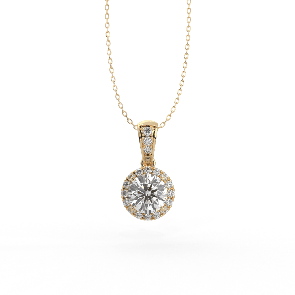 Round Cut 4 Claw Setting Halo Style Diamond Pendant Pave Setting Side Stones In 18K Yellow Gold - DG & Co. Jewellery
