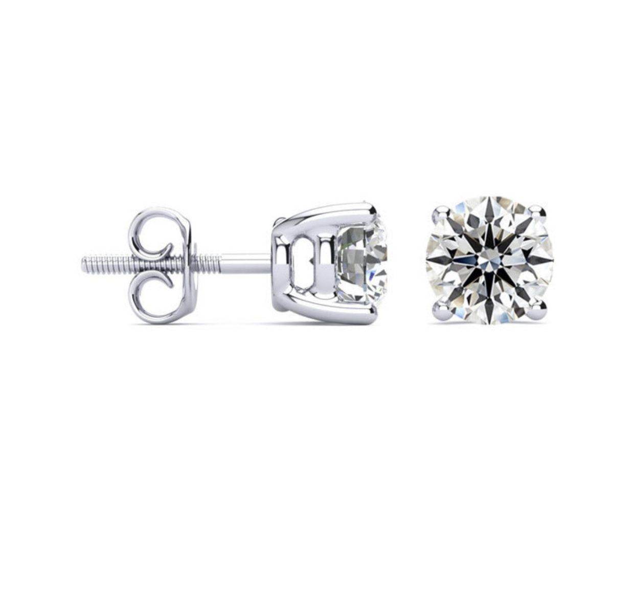 GIA Diamond Stud Solitaire Earring 4 Claw Setting Screw Backing In 18K White Gold - DG & Co. Jewellery