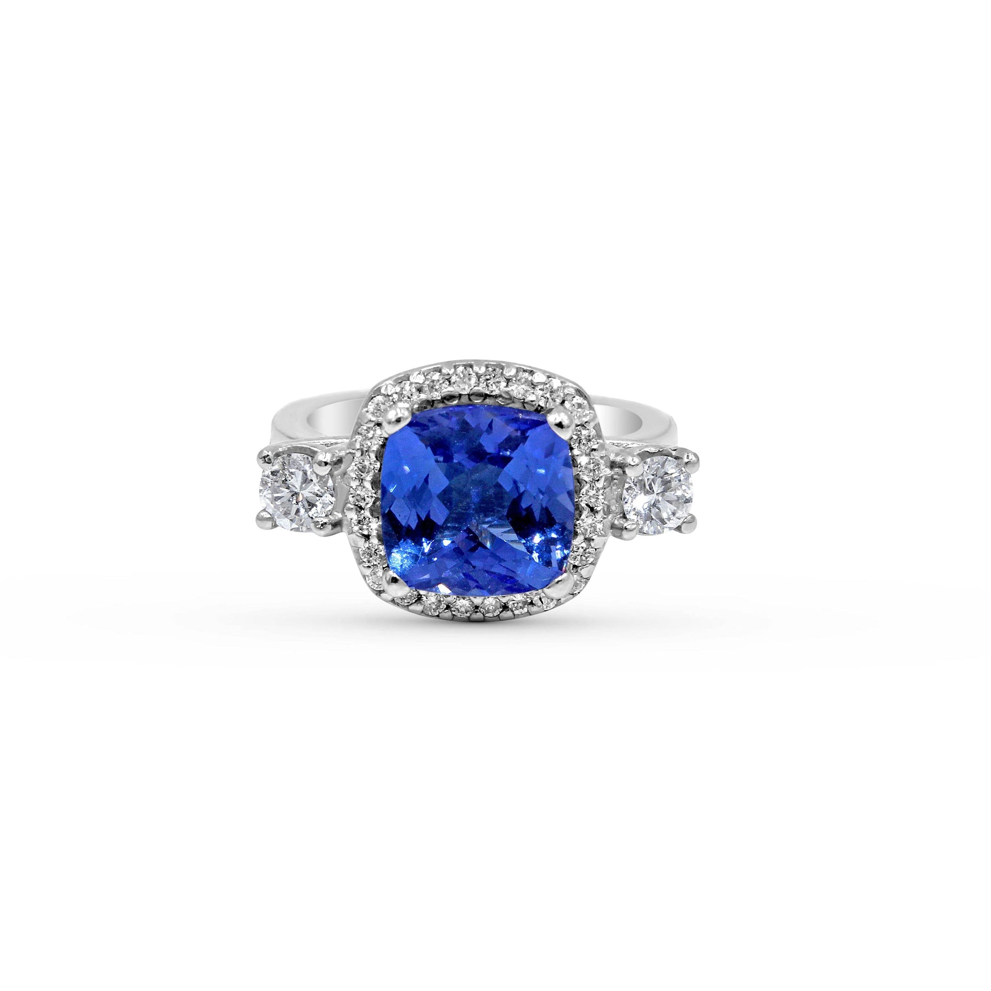 Platinum Trilogy Halo Cushion Cut Tanzanite Diamond Engagement Ring In Pave Setting - DG & Co. Jewellery