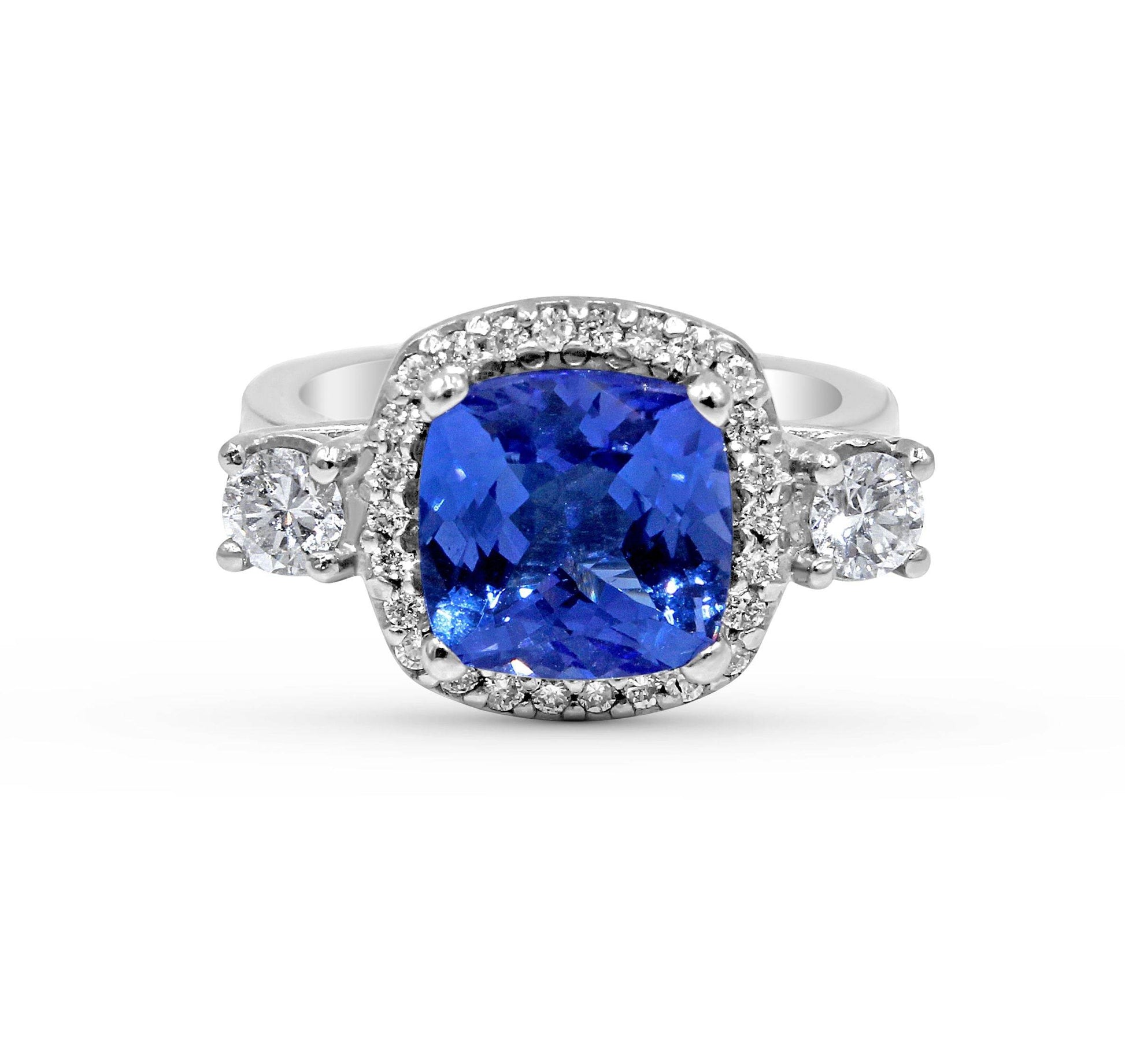 Platinum Trilogy Halo Cushion Cut Tanzanite Diamond Engagement Ring In Pave Setting - DG & Co. Jewellery