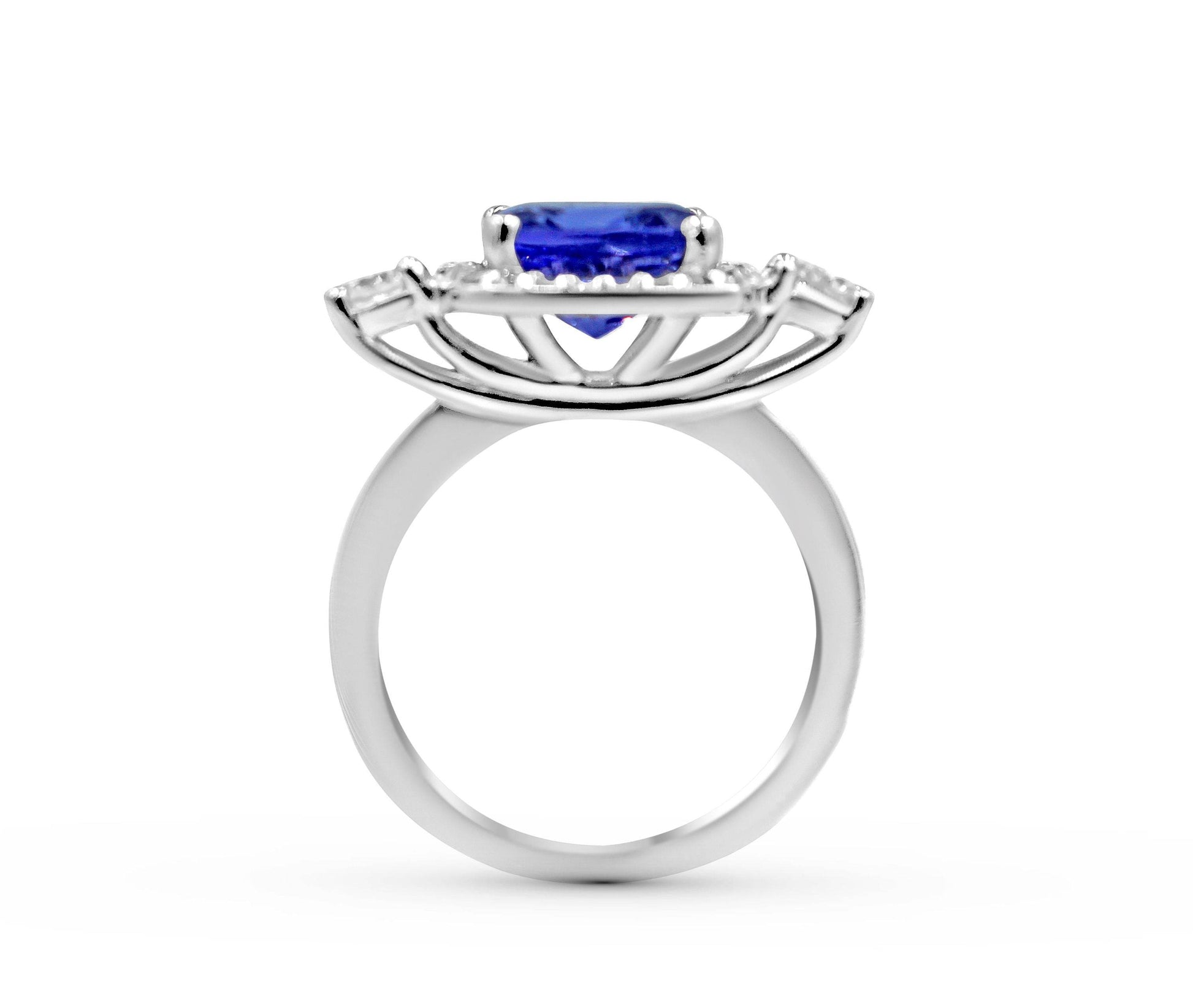 Platinum Trilogy Halo Cushion Cut Tanzanite Diamond Engagement Ring In Pave Setting - DG & Co. Jewellery