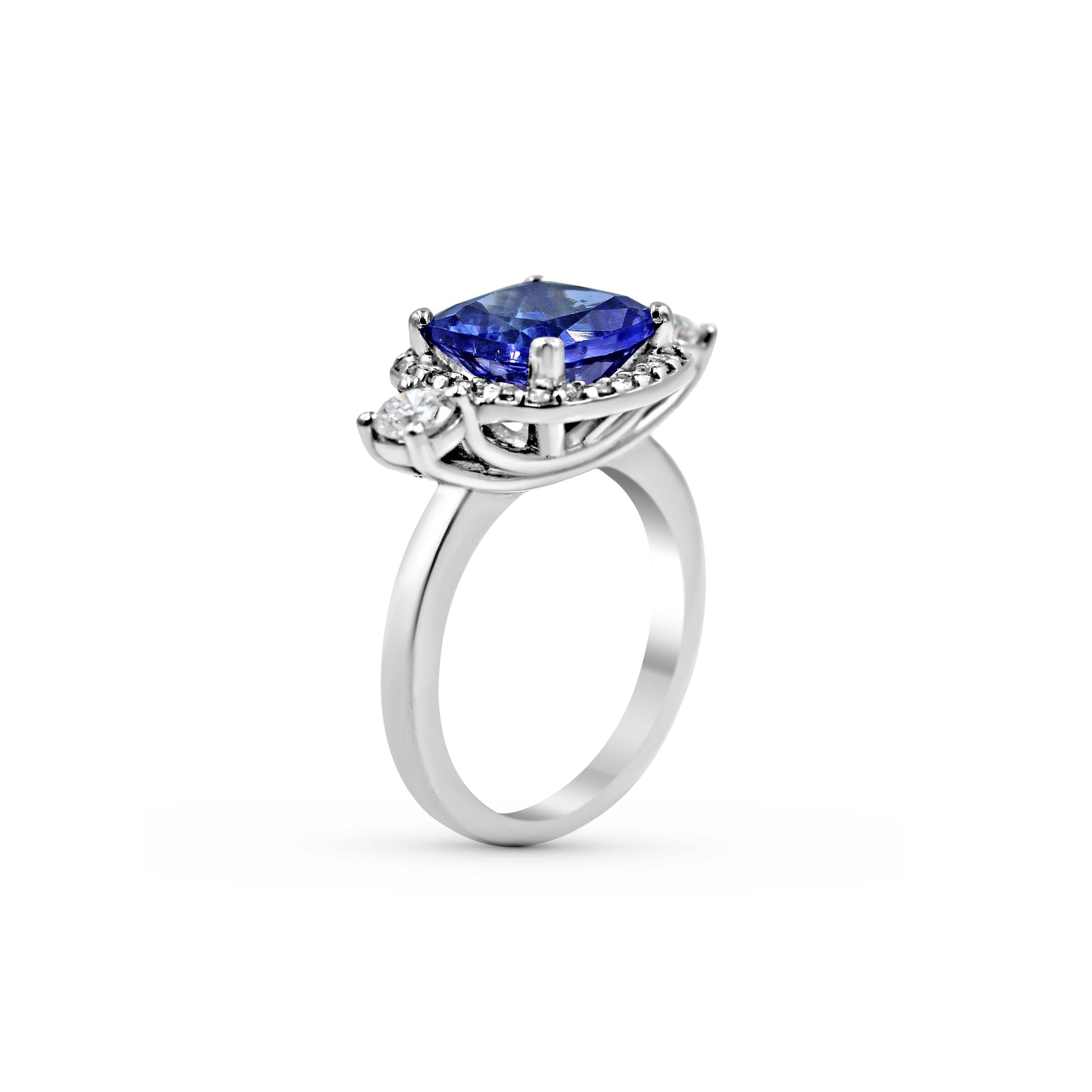 Platinum Trilogy Halo Cushion Cut Tanzanite Diamond Engagement Ring In Pave Setting - DG & Co. Jewellery