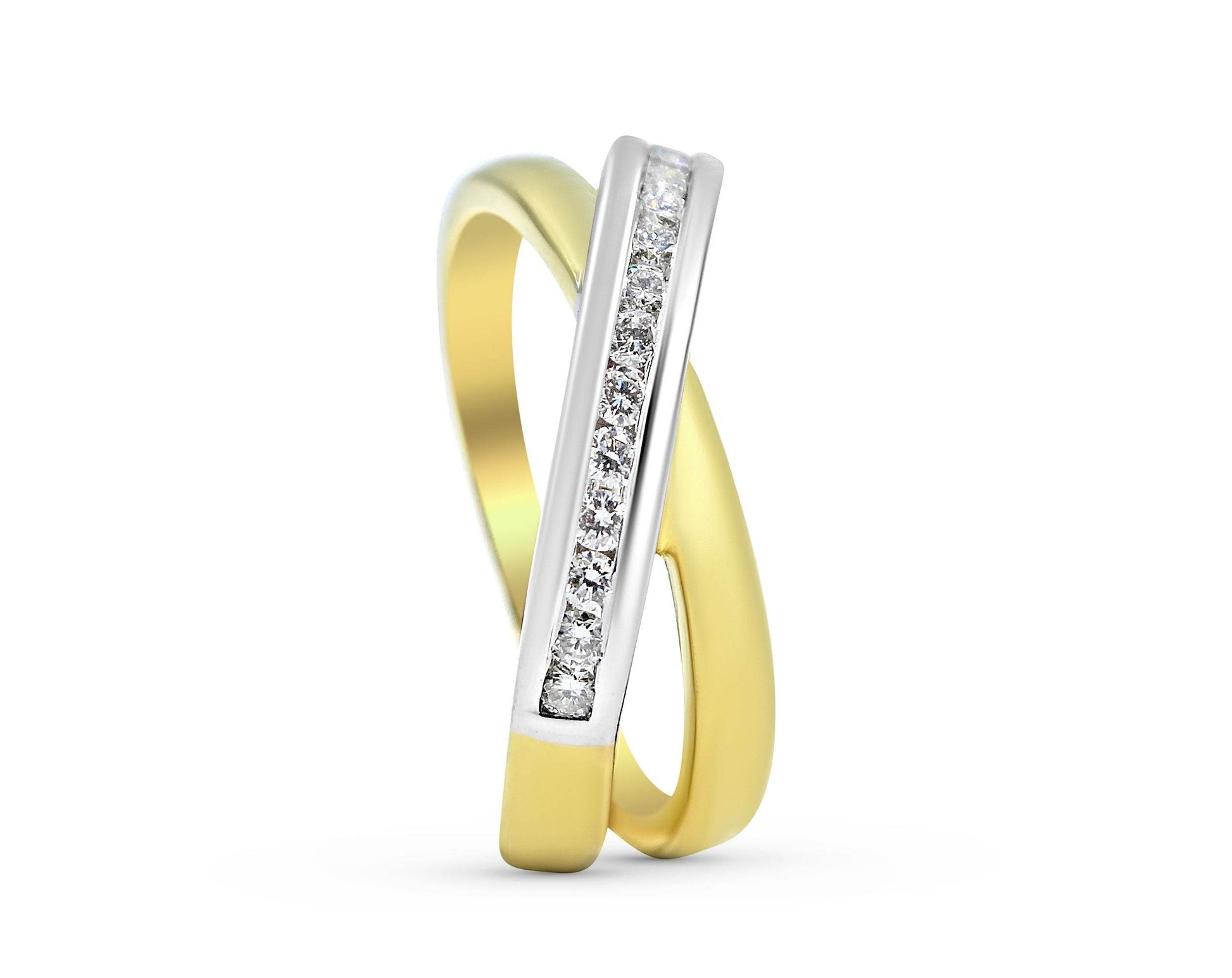 Cross Over Channel Set Round Diamond Ring In 18K White and Yellow Gold - DG & Co. Jewellery